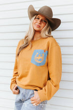 Load image into Gallery viewer, Camel Embroidered Denim Front Pocket Sweatshirt