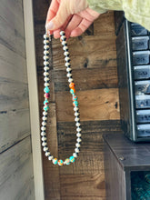 Load image into Gallery viewer, 17 inch 8 mm Sterling Silver Pearls necklace with turquoise and spiny Mohave