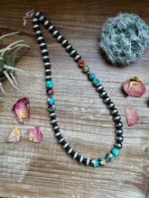Load image into Gallery viewer, 17 inch 8 mm Sterling Silver Pearls necklace with turquoise and spiny Mohave