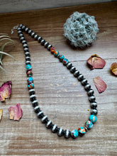 Load image into Gallery viewer, 17 inch 8 mm Sterling Silver Pearls necklace with turquoise and spiny Mohave