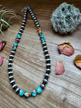 Load image into Gallery viewer, 17 inch 8 mm Sterling Silver Pearls necklace with turquoise and spiny Mohave