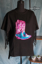 Load image into Gallery viewer, western blouse, western apparel, western boho, western sequin boot shirt, western top, western womens tops, womens western shirts, womens fringe top, western sequin top, western fringe and sequin, western wear, western wholesale apparel, womens western wholesale, cowgirl tops, western attire, western fashion, western clothing, western wholesale, wholesale clothing, womens western blouse